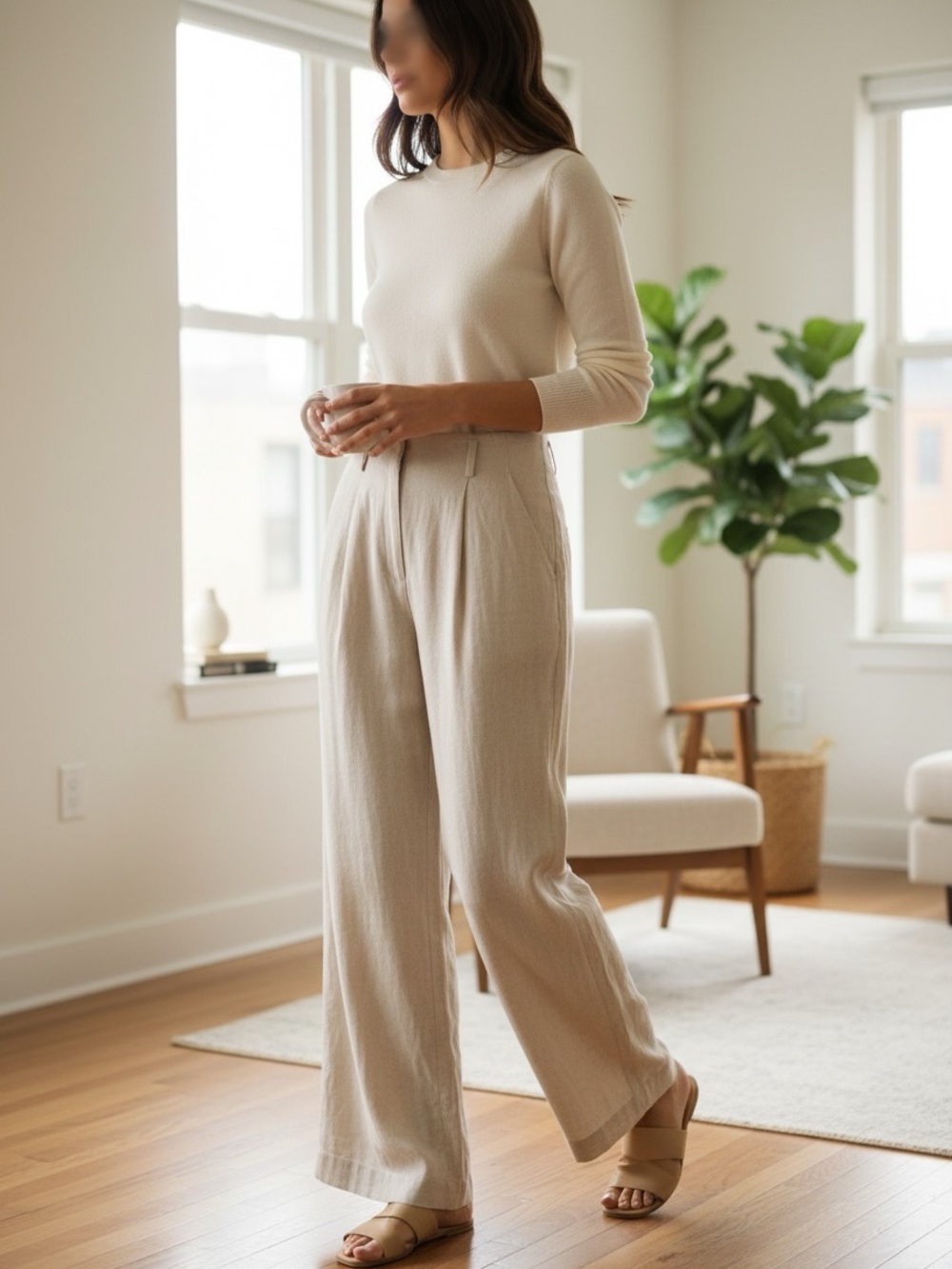 H&M Linen Blend Wide Leg Trousers Pants 4 Cream Pleated Quiet Luxury High Rise